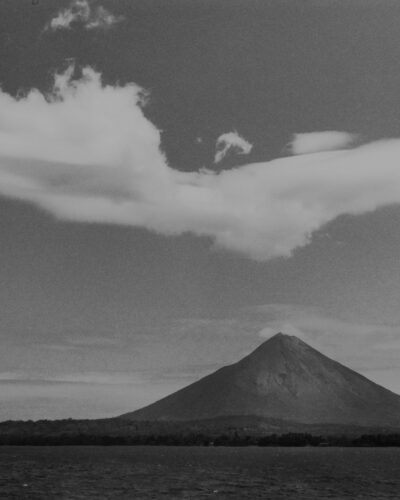 Analogue film photography of the Concepcion volcano on Ometepe Island in Lake Nigaragua, with dramatic clouds, by Jeroen Busschers