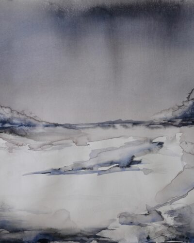 A series of large original watercolor paintings featuring atmospheric, semie abstract landscapes created from imagination.