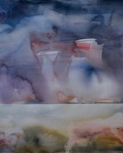 A series of large original watercolor paintings featuring atmospheric, semie abstract landscapes created from imagination.