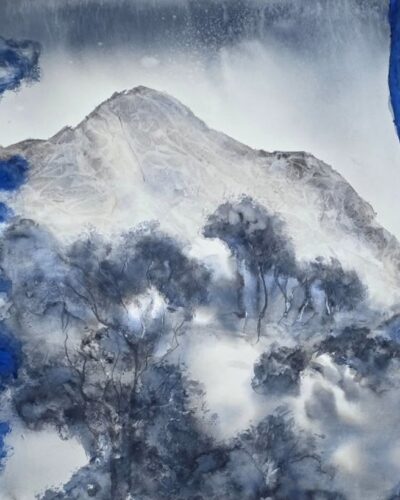 A series of large original watercolor paintings featuring atmospheric, semie abstract landscapes created from imagination.