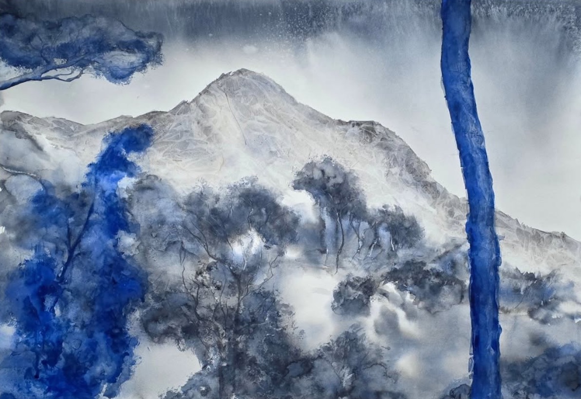 A series of large original watercolor paintings featuring atmospheric, semie abstract landscapes created from imagination.